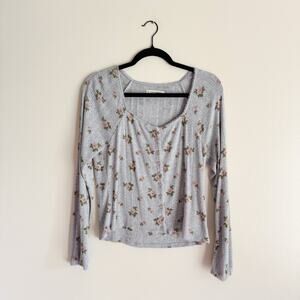 Lucky Brand Grey + Pink Flower Print Square Neck Girlie Cardigan Large